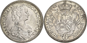 Habsburg
Maria Theresia 1740-1780 1/4 Taler 1745, Hall Eypeltauer 18 M./T. 922 Revers min. Belagreste, prägefrisch/fast prägefrisch