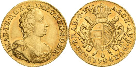 Habsburg
Maria Theresia 1740-1780 Souverain d'or 1754, Antwerpen Eypeltauer 413 Delmonte 212 Friedberg 135 GOLD. 5.51 g. Sehr schön+/vorzüglich