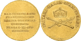 Habsburg
Franz II.(I.) 1792-1806 Goldmedaille im Gewicht von 2 Dukaten 1792. Maria Theresias Krönung zur böhmischen Königin in Prag. Krone über gekre...