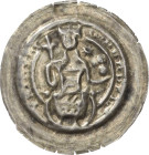 Altenburg, Reichsmünzstätte
Friedrich I. Barbarossa 1152-1190 Brakteat Auf Bogen thronender Kaiser, der seitlich mit Tierköpfen verziert ist, hält Li...
