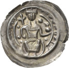 Altenburg, Reichsmünzstätte
Friedrich I. Barbarossa 1152-1190 Brakteat Auf Bogen, seitlich mit Tierköpfen verziert, thronender Kaiser mit Lilienzepte...