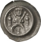 Arnstein, Grafschaft
Albrecht I. 1199-1241 oder Walter IV. 1241-1272 Brakteat. Hüftbild des Markgrafen mit Schwert und Lanze zwischen 2 Türmen auf Bo...