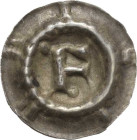 Eisenach, Stadt
 Hohlpfennig ab 1339 Buchstabe F, auf Rand ISENA P.K. 110 Leschhorn 4856 Krug 49 0.43 g. Sehr selten. Sehr schön-vorzüglich