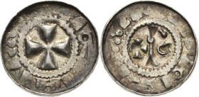 Halle, erzbischöflich magdeburgische Münzstätte
Anonym Hochrandpfennig Krummstab, zu den Seiten Kreuz und Ringel / Kreuz Mehl 889 Dannenberg 1346 Kil...