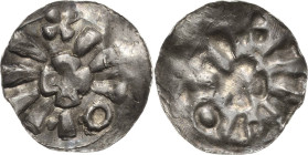 Magdeburg, Erzbistum
Anonym Denar (Sachsenpfennig) Keilkreuz, Trugumschrift aus Keilen und Kreuzen / Tempelfront mit Kreuz darin (durch Incusum der V...
