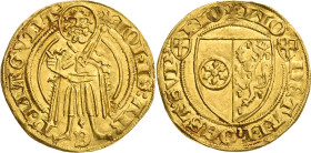 Mainz, Erzbistum
Johann II. von Nassau 1397-1419 Goldgulden o.J. Höchst Stehender Heiliger, zwischen seinen Füßen Kreuz, IohIS AREP MAGVNT / Wappensc...