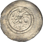 Thüringen, Landgrafschaft
Hermann I. 1190-1217 Brakteat, Eisenach oder Gotha Nach links reitender Landgraf mit Sturmhaube hält Fahne und Adlerschild,...
