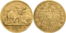 Deutsch-Ostafrika
 15 Rupien 1916, T Geprägt aus dem Gold der Sekenke Goldmine Jaeger 728 a GOLD. Leichte Fassungsspuren, fast vorzüglich