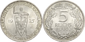 5 Reichsmark 1925 A Rheinlande Jaeger 322 Min. Randfehler, fast Stempelglanz