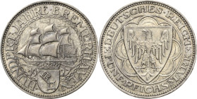 5 Reichsmark 1927 A Bremerhaven Jaeger 326 Kl. Kratzer, vorzüglich+