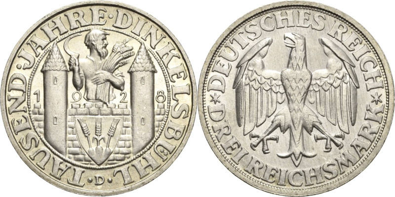 3 Reichsmark 1928 D Dinkelsbühl Jaeger 334 Fast Stempelglanz/Stempelglanz