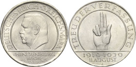 3 Reichsmark 1929 J Verfassung Jaeger 340 Min. Kratzer, vorzüglich-prägefrisch