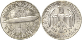 3 Reichsmark 1930 D Zeppelin. Im PCGS-Slab mit der Bewertung PR64 CAM Jaeger 342 Kl. Kratzer, Polierte Platte