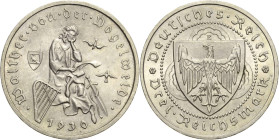 3 Reichsmark 1930 E Vogelweide Jaeger 344 Min. Randfehler, fast Stempelglanz