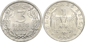 3 Reichsmark 1931 A Kursmünze Jaeger 349 Winz. Randfehler, fast Stempelglanz