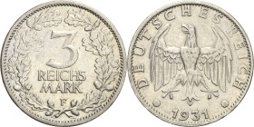 3 Reichsmark 1931 F Kursmünze Jaeger 349 Sehr schön+