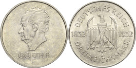 3 Reichsmark 1932 J Goethe Jaeger 350 Kl. Kratzer, fast vorzüglich/vorzüglich