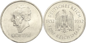 5 Reichsmark 1932 A Goethe Jaeger 351 Kl. Kratzer, vorzüglich-Stempelglanz