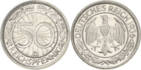 Kleinmünzen
 50 Reichspfennig 1936 D Jaeger 324 Vom Erstabschlag. Fast Stempelglanz