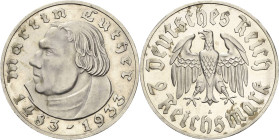 2 Reichsmark 1933 A Luther Jaeger 352 Fein zaponiert, leicht berieben, Polierte Platte-