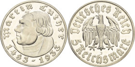 5 Reichsmark 1933 J Luther Jaeger 353 Sehr selten in dieser Erhaltung. Minimal berührt, Polierte Platte