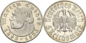 5 Reichsmark 1933 J Luther Jaeger 353 Winz. Kratzer, fast Stempelglanz