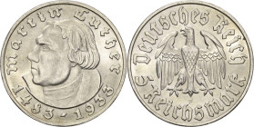 5 Reichsmark 1933 F Luther Jaeger 353 Fast Stempelglanz