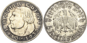 5 Reichsmark 1933 A Luther Jaeger 353 Kl. Randfehler, vorzüglich-Stempelglanz