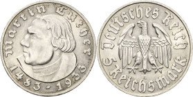 5 Reichsmark 1933 A Luther Jaeger 353 Vorzüglich-Stempelglanz