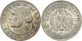 5 Reichsmark 1933 A Luther Jaeger 353 Feine Patina, vorzüglich-Stempelglanz