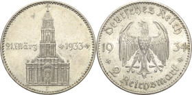 2 Reichsmark 1934 F Garnisonkirche mit Datum Jaeger 355 Vorzüglich-Stempelglanz