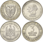 Weimarer Republik
Lot-2 Stück 3 Reichsmark - 1926 Lübeck und 1931 Stein Jaeger 323, 348 Fast vorzüglich