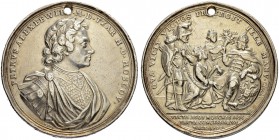 RUSSIAN EMPIRE AND FEDERATION. Peter I, 1682-1725. Silver medal 1700. On the peace of Carlowitz, 13 July 1700. Dies by G. Hautsch and G. F. Nürnberger...