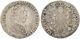 RUSSIAN EMPIRE AND FEDERATION. Peter I, 1682-1725. Polupoltinnik o. J. (1704), Kadashevsky Mint, МД. Type with rivets on sleeve. 6.93 g. Bitkin 716 (R...