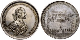 RUSSIAN EMPIRE AND FEDERATION. Peter I, 1682-1725. Silver medal 1714. On the Naval Victory at Gangut. Dies by M. Kuchkin. Laureate and armored bust in...