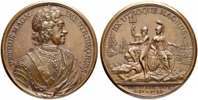 RUSSIAN EMPIRE AND FEDERATION. Peter I, 1682-1725. Bronze medal 1725. On the Death of Peter I. Dies by J.A. Dassier. Laureate and armored bust to righ...