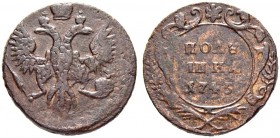 RUSSIAN EMPIRE AND FEDERATION. Elizabeth, 1709-1762. Polushka 1745, Red Mint. 4.81 g. Bitkin 371 (R2). Very rare. Very fine. Полушка 1745, Красный МД....