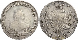 RUSSIAN EMPIRE AND FEDERATION. Elizabeth, 1709-1762. Rouble 1750, St. Petersburg Mint. Portrait by T. Lefken. 25.55 g. Bitkin 265. Dav. 1677. Attracti...