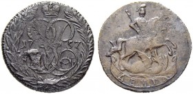 RUSSIAN EMPIRE AND FEDERATION. Elizabeth, 1709-1762. Denga 1757, Ekaterinburg Mint. 4.61 g. Bitkin 498. Struck from worn dies. Very fine-extremely fin...