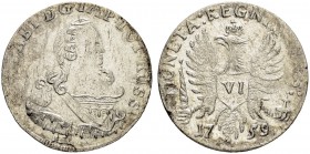 RUSSIAN EMPIRE AND FEDERATION. Elizabeth, 1709-1762. Coins for Prussia. 6 Groschen 1759, Koenigsberg Mint. 2.62 g. Bitkin 705 (R) var. Olding 454. Klu...