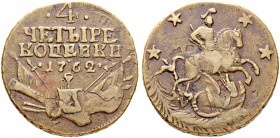 RUSSIAN EMPIRE AND FEDERATION. Peter III, 1728-1762. 4 Kopecks 1762, No Mint-Mark Letters. Overstruck on 2 Kopeck 1757 from Elizabeth. 18.61 g. Bitkin...