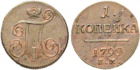 RUSSIAN EMPIRE AND FEDERATION. Paul I, 1754-1801. Kopeck 1799, Ekaterinburg Mint. 10.96 g. Bitkin 123. Nice toning. Tiny scratch in reverse. Extremely...