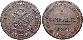 RUSSIAN EMPIRE AND FEDERATION. Alexander I, 1777-1825. 5 Kopecks 1802, Suzun Mint, KM. 58.09 g. Bitkin 404 (R). Rare. Slightly corroded. About extreme...