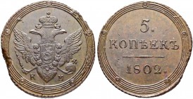 RUSSIAN EMPIRE AND FEDERATION. Alexander I, 1777-1825. 5 Kopecks 1802, Suzun Mint, KM. 45.44 g. Bitkin 411 (R). Rare. Flan defect on edge. Extremely f...