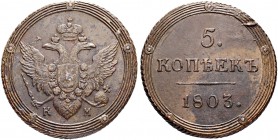 RUSSIAN EMPIRE AND FEDERATION. Alexander I, 1777-1825. 5 Kopecks 1803, Suzun Mint, KM. 53.29 g. Bitkin 413. Minor flan defect on edge. Very fine-extre...