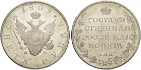 RUSSIAN EMPIRE AND FEDERATION. Alexander I, 1777-1825. Rouble 1809, St. Petersburg Mint, MK. 20.54 g. Bitkin 74. Dav. 280. 3 roubles according to Petr...