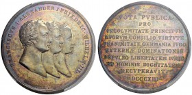 RUSSIAN EMPIRE AND FEDERATION. Alexander I, 1777-1825. Silver medal 1813. Alliance of the Monarchs in the War against France. Dies by I. Lang. Laureat...