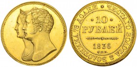 RUSSIAN EMPIRE AND FEDERATION. Nicholas I, 1796-1855. 10 Roubles 1836, St. Petersburg Mint. Novodel. 13.18 g. Bitkin H882 (R3). Fr. 153. 100 roubles a...