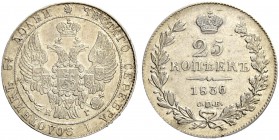 RUSSIAN EMPIRE AND FEDERATION. Nicholas I, 1796-1855. 25 Kopecks 1836, St. Petersburg Mint, НГ. 5.00 g. Bitkin 276. Struck from used dies. Extremely f...