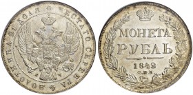 RUSSIAN EMPIRE AND FEDERATION. Nicholas I, 1796-1855. Rouble 1842, St. Petersburg Mint, АЧ. Bitkin 196. Dav. 283. Very rare in this condition. NGC MS6...
